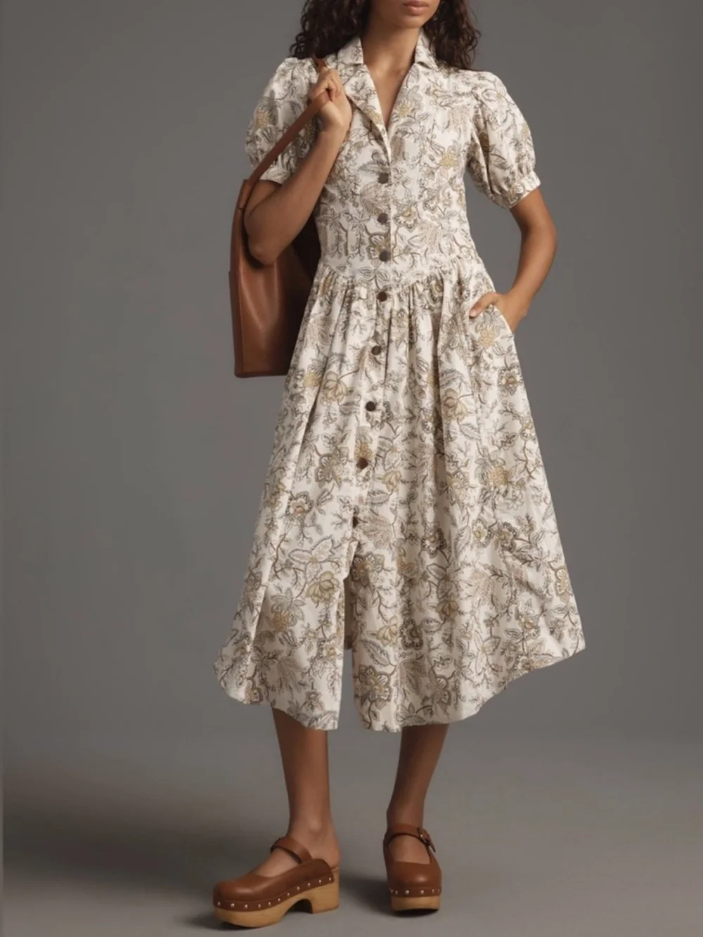 Floral Button-Front Midi Dress in Cream and Brown - Picture 1 of 14
